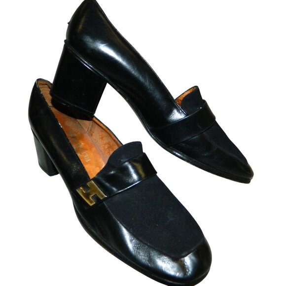 Hermès Paris Vintage Black Leather & Suede Block Heel Loafers Gold "H" Hardware - Picture 1 of 16